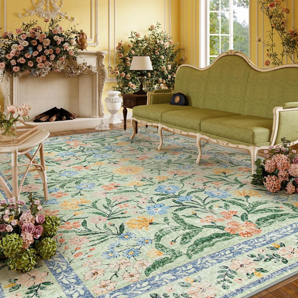Boho Modern Parisian Garden Floral Green Area Rug Living Room Floral Pattern Decorative Rug Bedroom Art Rug Anti-slip Carpet