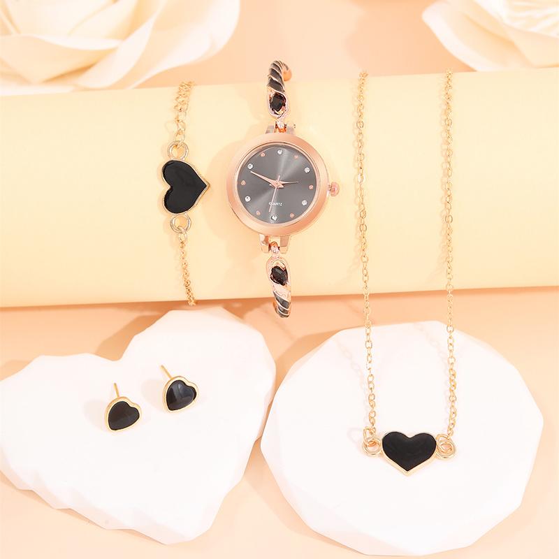 5PCS Luxury Personalized Girls Cross Wrapped Watch Strap Women's Quartz Watch Heart Shaped Pendant Necklace Earnail Bracelet Set for Girlfriend