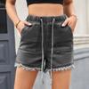 Elastic-waist Drawstring Casual High-waisted Furred Denim Shorts