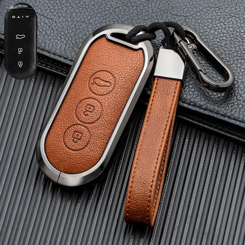 Business Style Double-Sided Leather Key Shell for AITO M7/M5 EV 2022 Model - Full Coverage Metal Car Key Case
