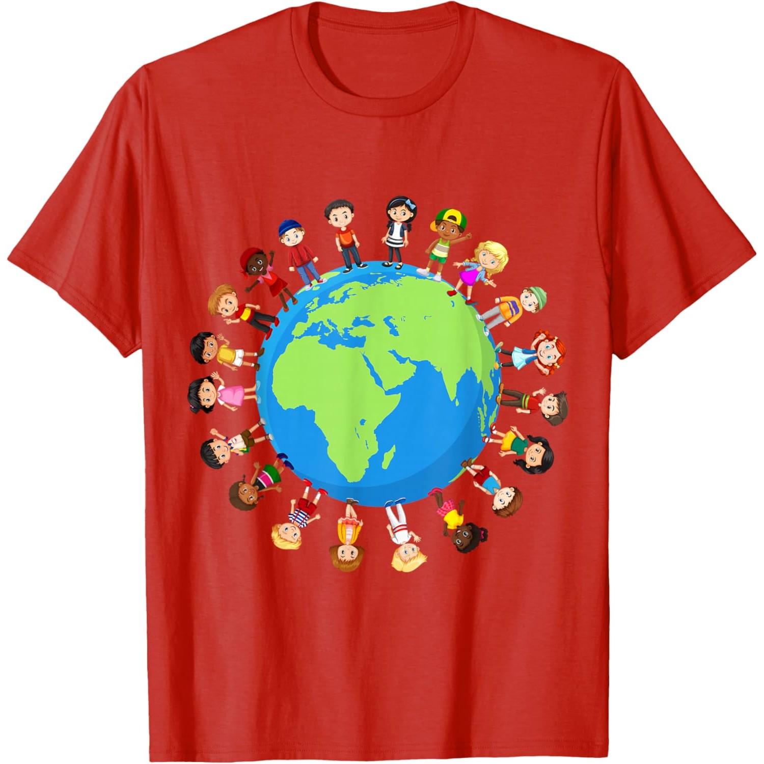 Children Around The World Earth Day Graphic Print Cotton Crew Neck Casual T-Shirt S
