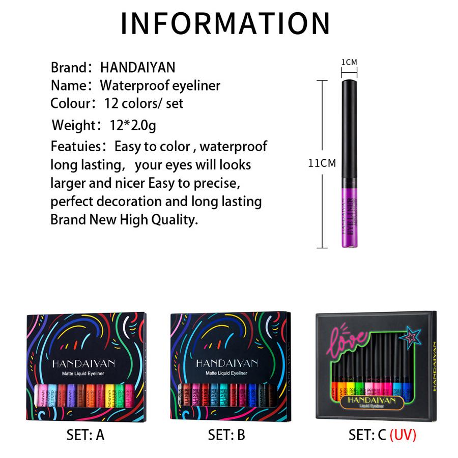 HANDAIYAN 12Pcs/Set Colorful Liquid Eyeliner UV Waterproof Fluorescent Eye Liner Face Body Paint Pen Long-lasting Easy To Remove