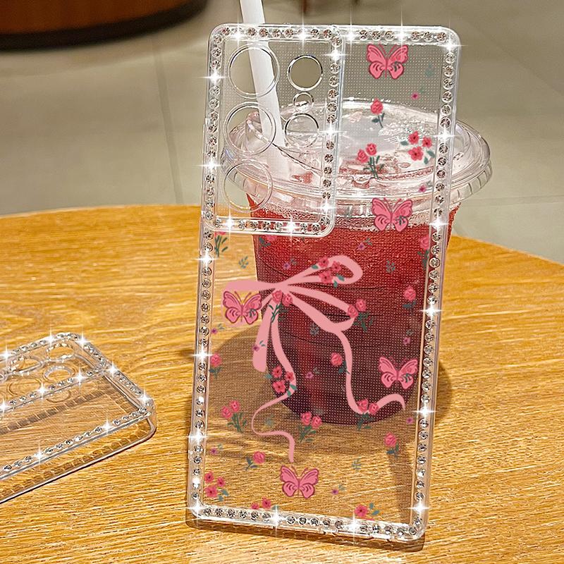 Étui Souple Nœud Rose Pour Samsung Galaxy A56 A36 A55 A54 A35 A15 A16 A26 S25 Edge S24 S23 S22 Ultra S24 FE Coque de Téléphone Diamant