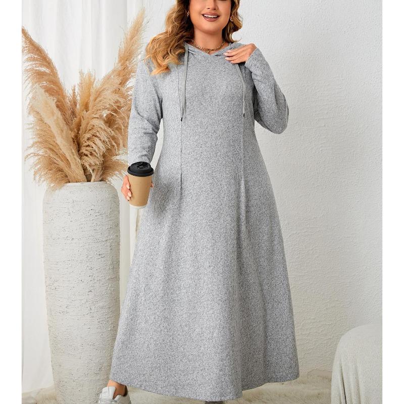 Hooded Casual Long Dress for Women Long Sleeve V-neck Tie Neck High Waist Maxi Dress Loose Vacation Breathable Lightweight Comfortable Plus Dress