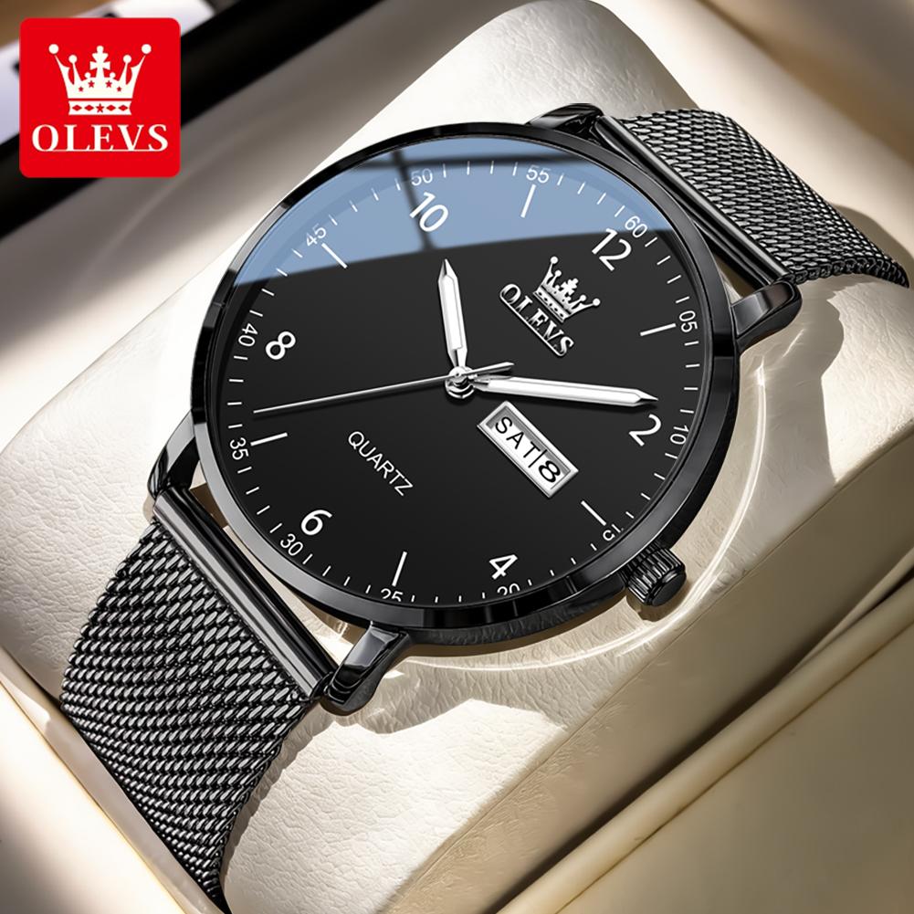 OLEVS Original Quartz Watches for Men Minimalist Mesh Steel Strap Men's Watches Dual Calendar Waterproof Luminous Man Watch 2996