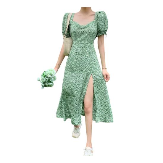 

Женское летнее платье с объемными рукавами и высоким разрезом, свободный подол, квадратный вырез, цветочный принт, свидание, гофрированное женское платье миди с узкой талией, женская одежда XL