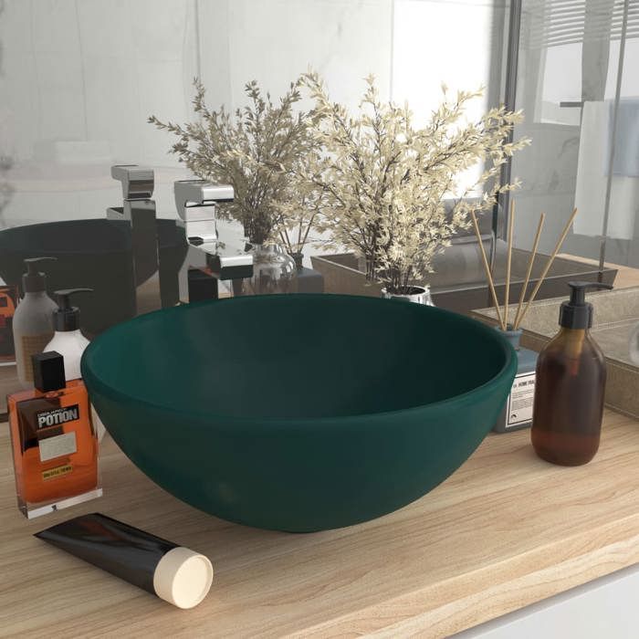 VidaXL Lavabo Rond de Luxe de Salle de Bain Vasque à Poser de Toilette Lave-mains Salle Cosmétique Intérieur Vert Foncé Mat 146970