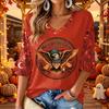 Women's Casual V-Neck 3/4 Sleeve Top with Halloween Print
