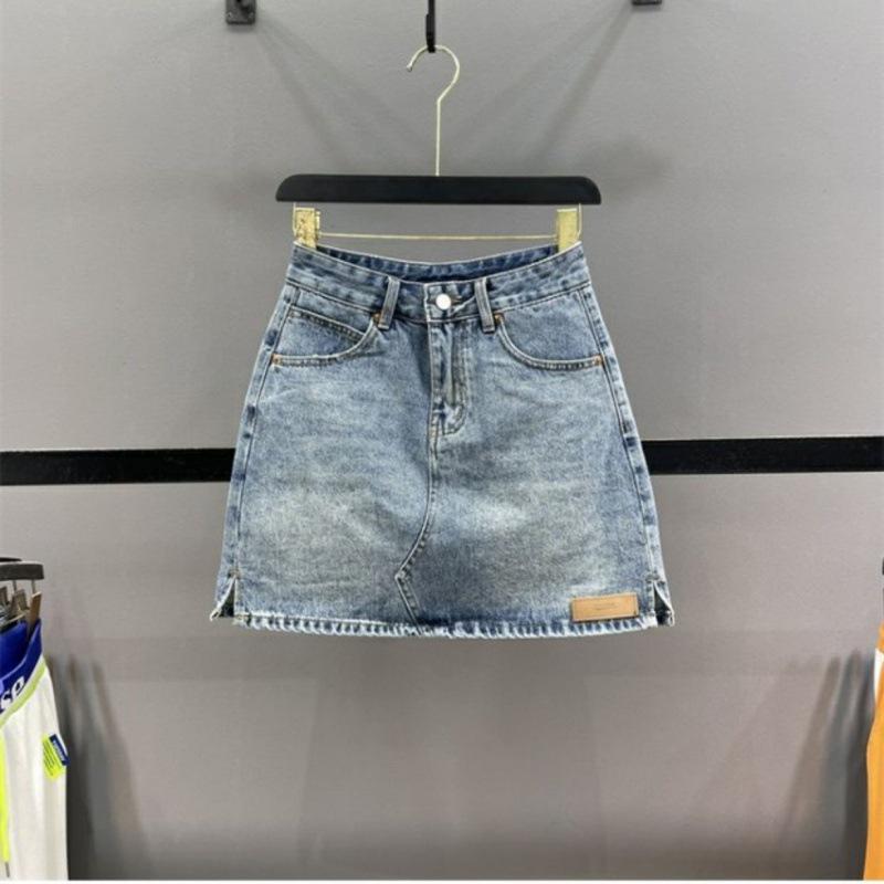 High Waist Retro Denim Skirt - Flattering for Pear Shapes, Plus Size, Hip-covering Trendy Style