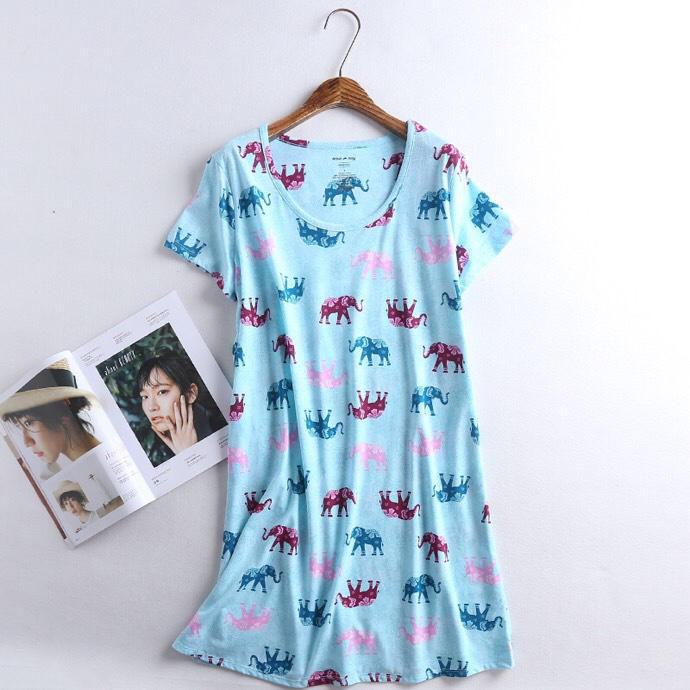 

Ночная рубашка с короткими рукавами и мультяшным принтом - корейский стиль, размер плюс, симпатичная хлопковая пижама elephant; XL синий