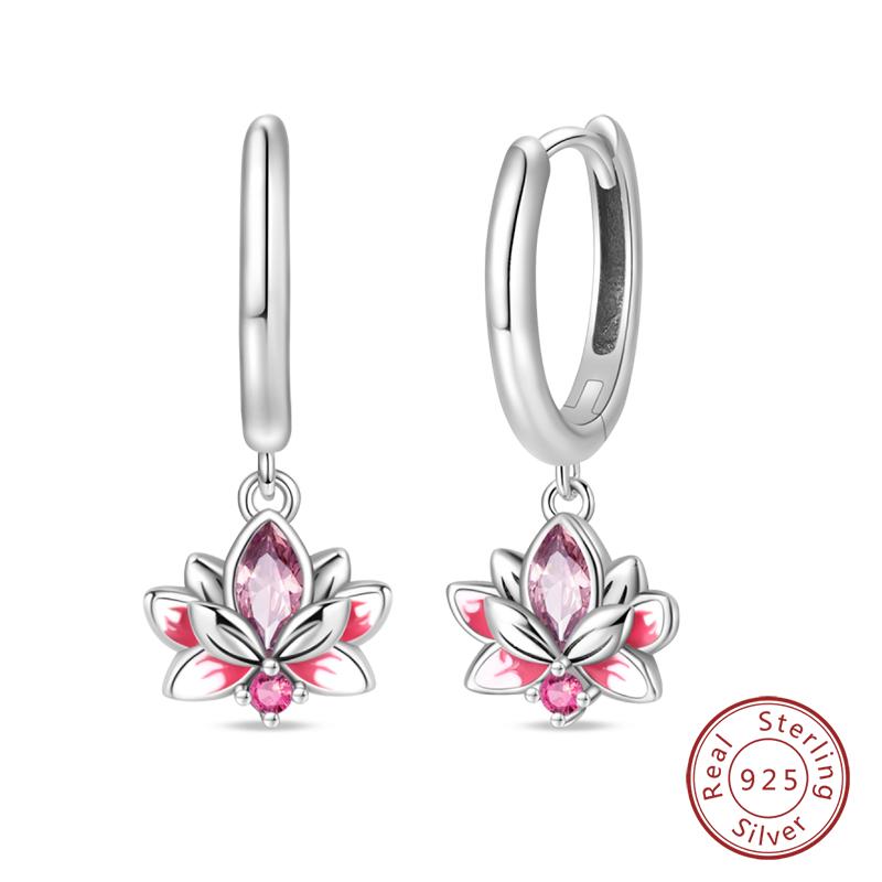 New 925 Silver Bee Butterfly Pink Lily Lotus Earrings For Women Cherry Apple Strawberry Ear Studs Elegant Party Jewelry
