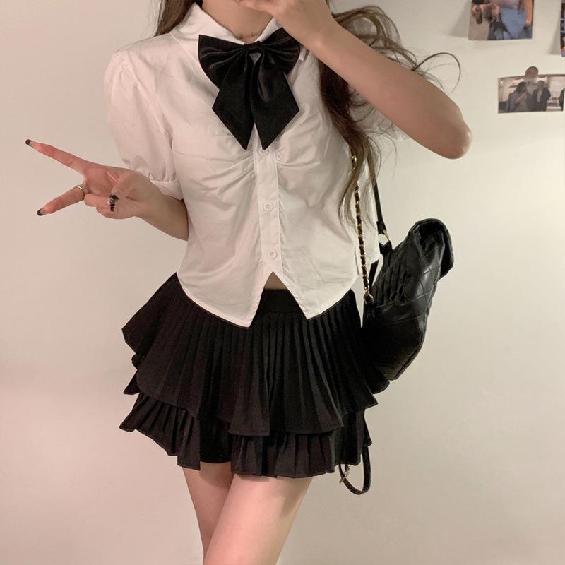 

Plus Size Academic Style Puff Sleeve White Summer Top for Women - Niche JK Uniform Design L