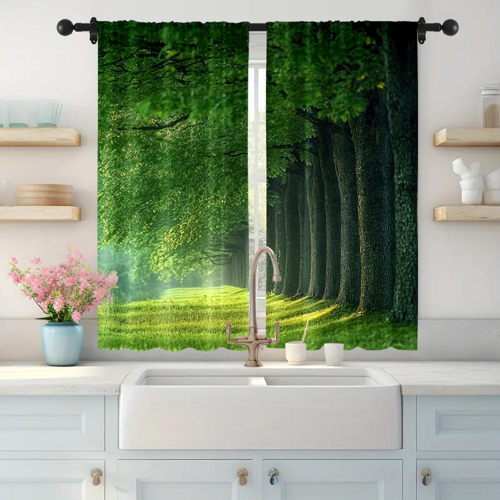 2pc,  Scene Curtains Forest1 Machine Washable Fabric,Without Electricity Spring Party & Holiday Decor Perfect for Holiday