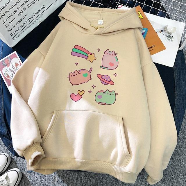 New Black Long Sleeve Hoodie Tops Woman Cat Shark Hooded Sweatshirts Funny Animal Cartoon Printing Graphic Pullover Streetwear