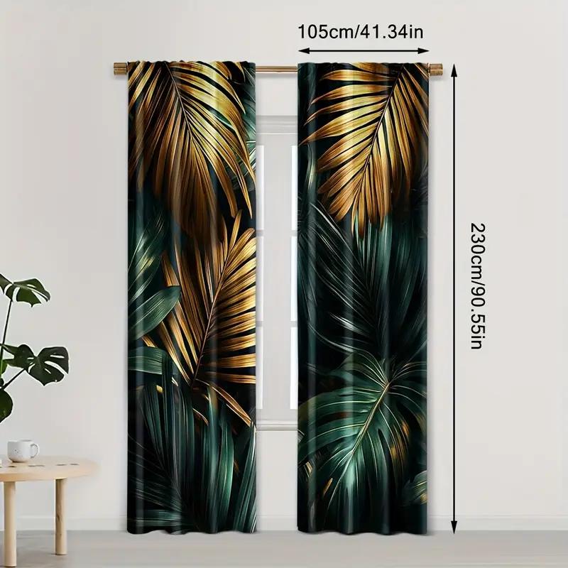 2pcs Luxurious Gold Tropical Leaf Printed Curtains, Designed for Light Filtering, Quality Material, Ideal for Modern Home Window