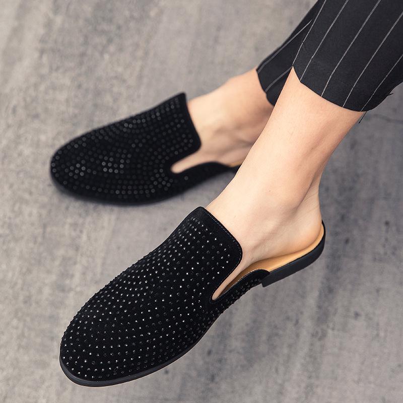 Men s Summer Half-Open Leather Slip-On Sandals with Fashionable Drilled Toe Cover 42