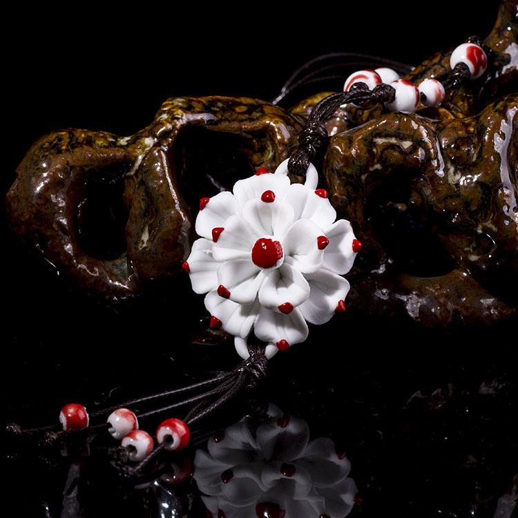 Classical Ceramic Blue and White Porcelain Peony Flower Necklace Women's Literary Retro Versatile Long Sweater Chain Accessories