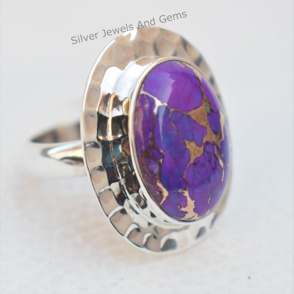 Purple Copper Turquoise Sterling Silver Ring, Hammered Design, December Birthstone