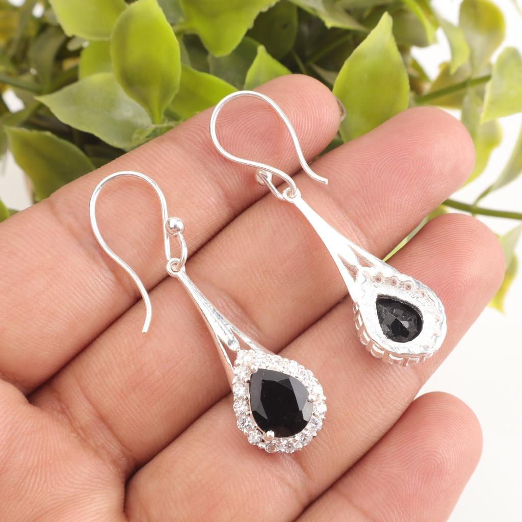 Natural Black Onyx Gemstone 925 Solid Silver Jewelry Zircon Long Earrings 1.86" CZE-7-17