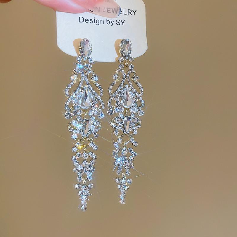 Silver needle zircon exaggerated long water drop fringed earrings women s ins tide light luxury niche earrings exaggerated earrings