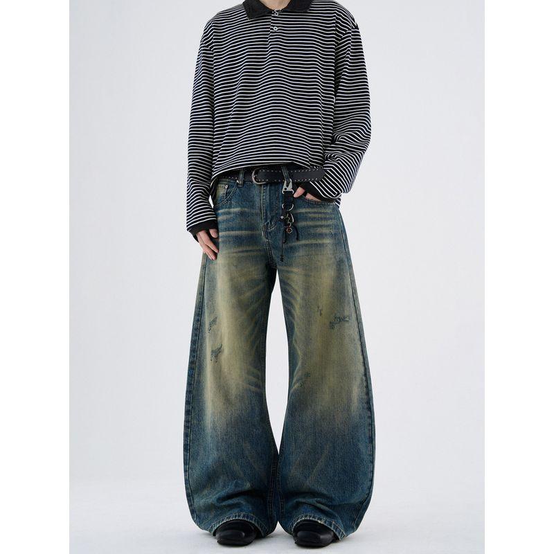 Kisko American Retro Washed Distressed Yellow Mud Curved Knife Jeans Unisex Design Loose Straight Pants Trendy