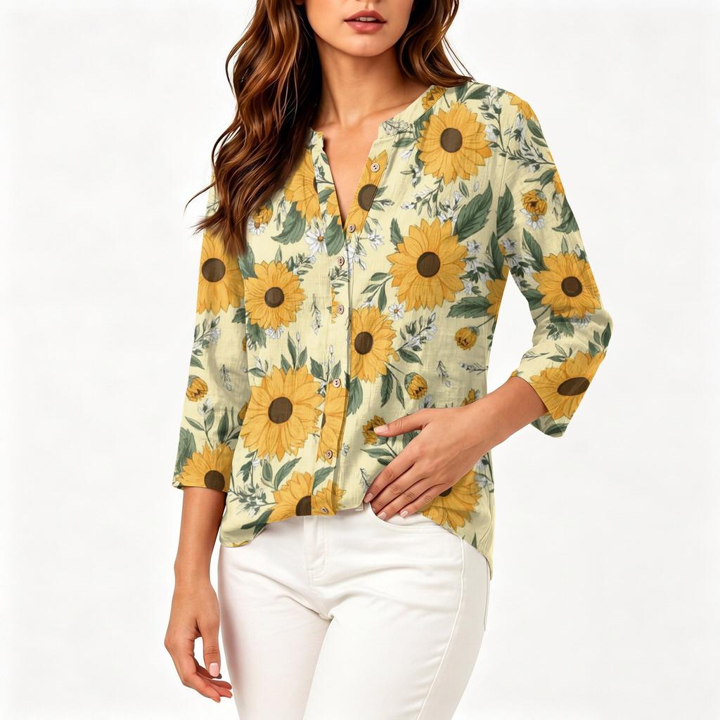 Women's Vintage Floral Print Button Down Shirt Three Quarter Sleeve Cotton Linen Blend Henley Neck Casual Blouse