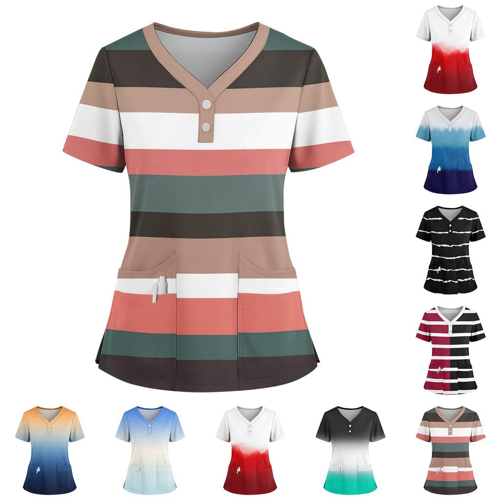 Women's Loose Short Sleeved Fashionable Square Printing V-neck Buttonable Side Slit Top T-shirt