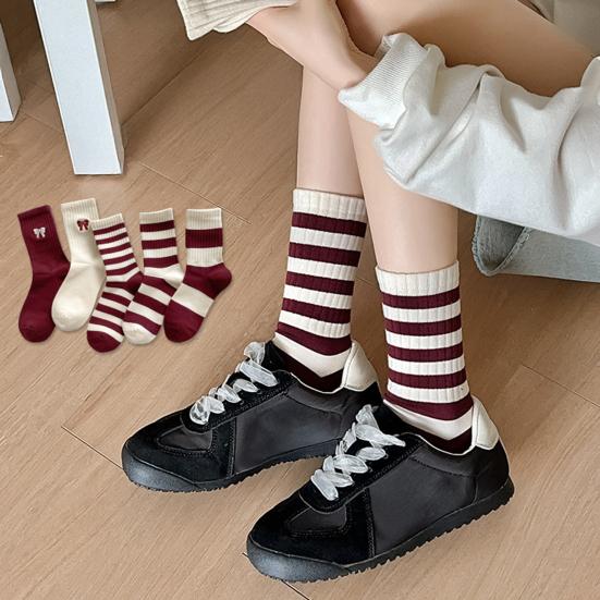 1 Pair Mid-tube Socks Striped Print Bowknot Patten College Style Socks Elastic Warm Socks Versatile Footwear Accessory