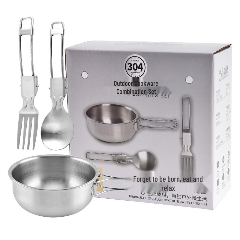 Outdoor Camping Stainless Steel Cookware Set: Portable Sandblasted Cups, Plates, and Pots for Picnics
