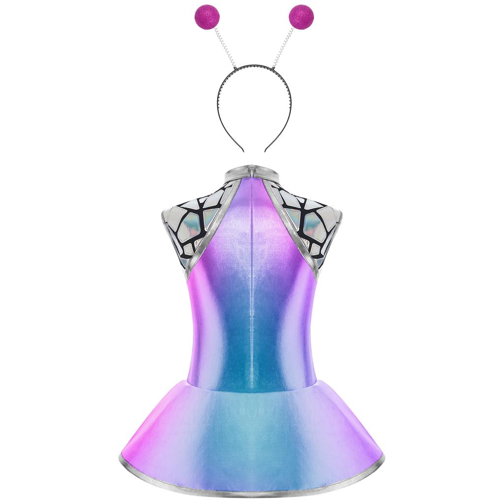 Dětský Dívčí Kostým Mimozemšťana Lesklý Metalický Bez Rukávů Se Zipem na Zádech Flitrové Šaty Odpovídající Třpytivá Koule Vlasová Obruč Karnevalová Párty Převlek