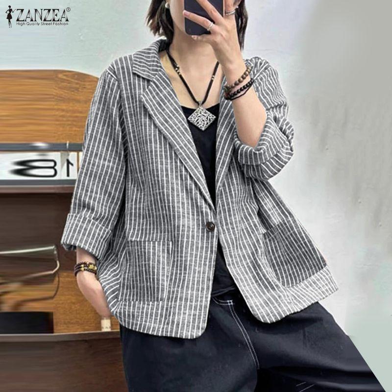 ZANZEA Women Turn Down Collar Casual Long Sleeve Stripe Thin Cardigan Tops