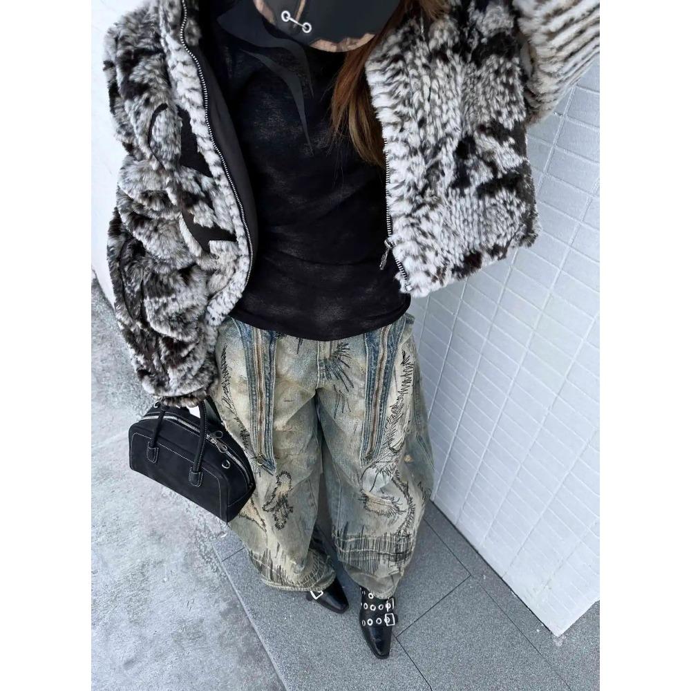 ZYLLO American Y2K Patch Needle Embroidery Heavy Industry Wide Leg Jeans Retro Dirty Dye Wash Loose Fashion Casual High-waist Jeans