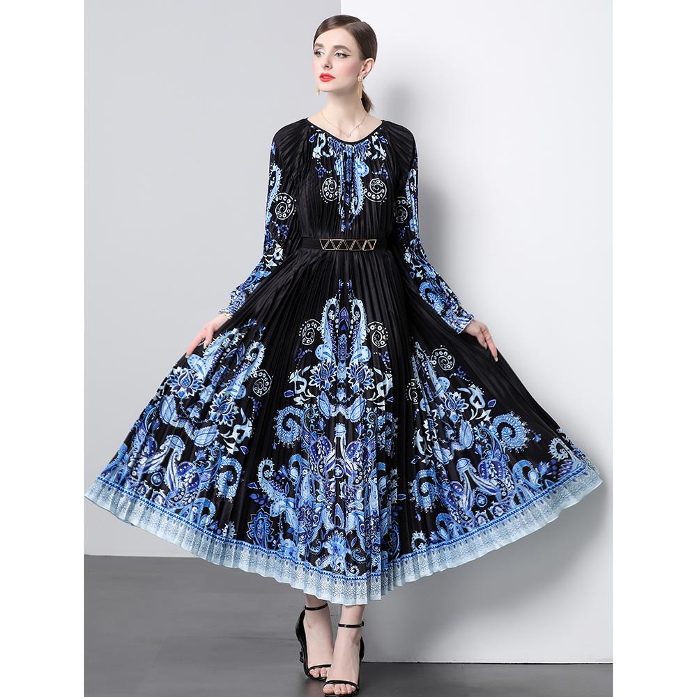 

Осенние женские винтажные принты дизайнерские свободные платья для подиума длинные макси праздничные платья с поясом One Size синий