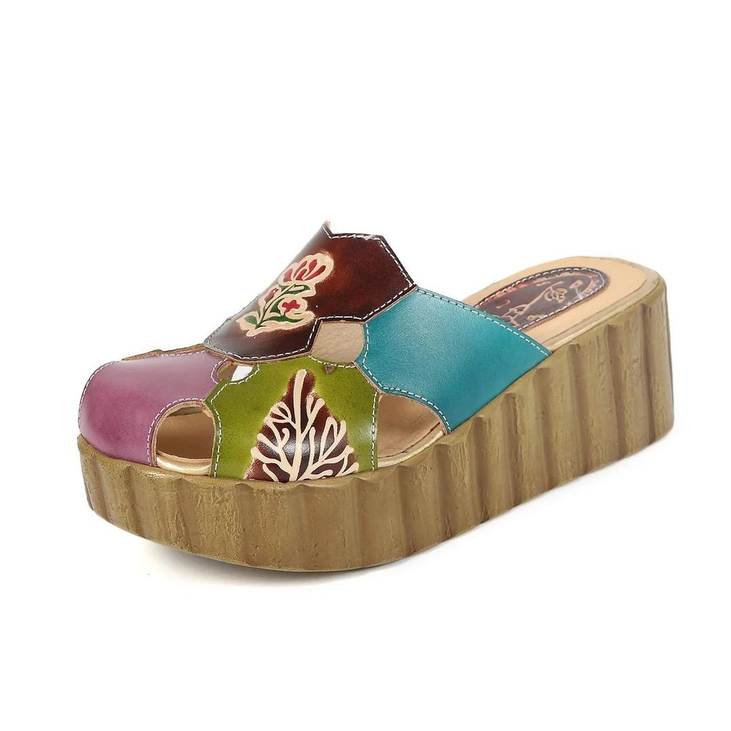 Fashion GKTINOO 2025 Wedge Slides Shoes Women Cover Toes High Heels Flower Sandals Summer Female Genuine Leather Platform Slippers