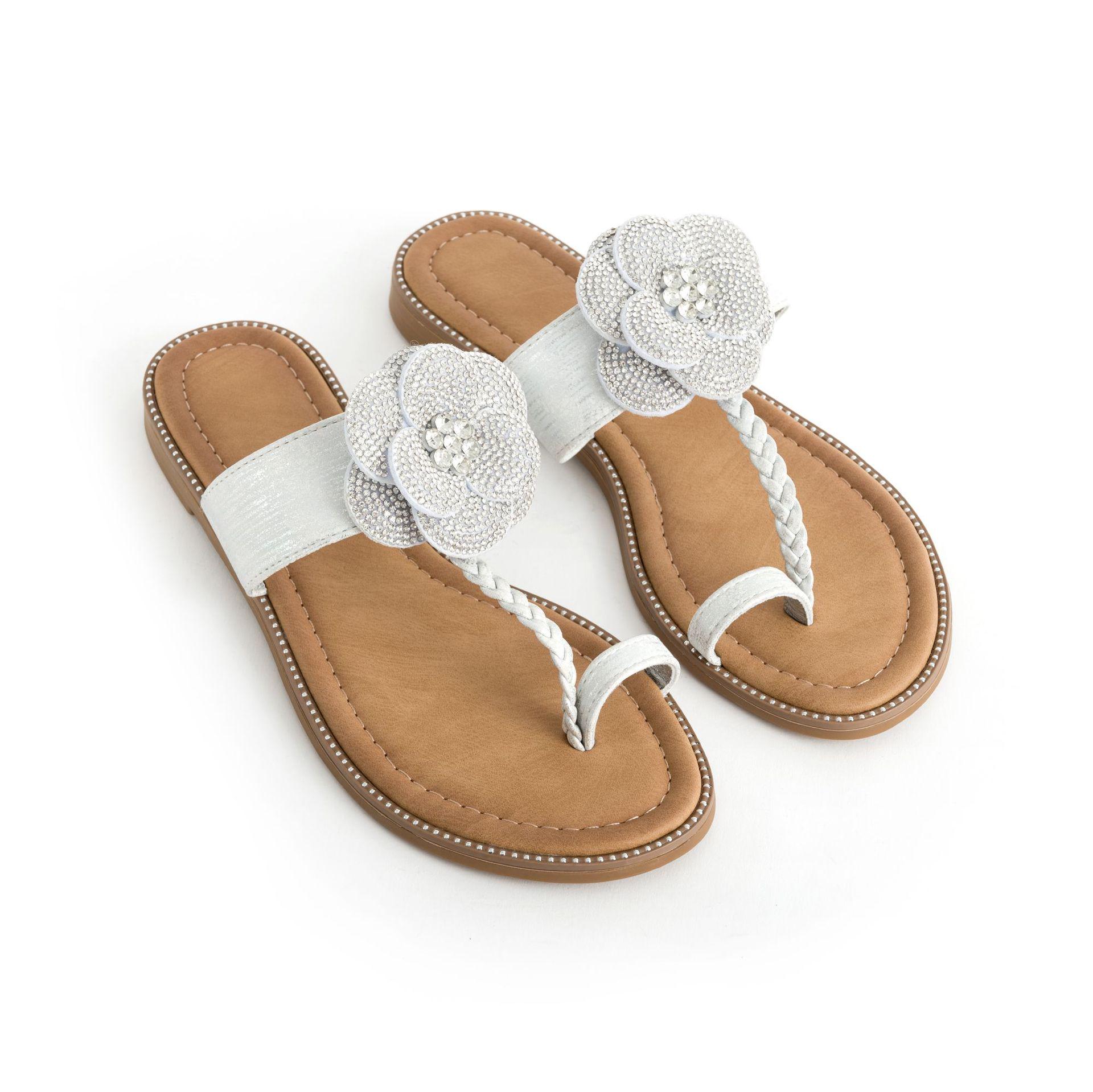 Women s Summer Flower Rhinestone Flip-Flops - Flat One-Strap Sandals US10