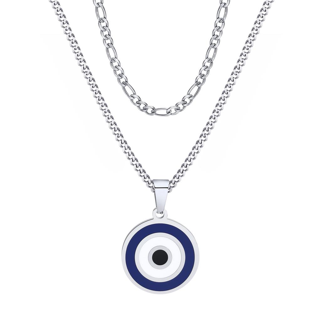 Vnox Turkish Lucky Double Layer Evil Eyes Pendant Necklace for Men, Stacked Blue Eye Necklace Set Jewelry Gift