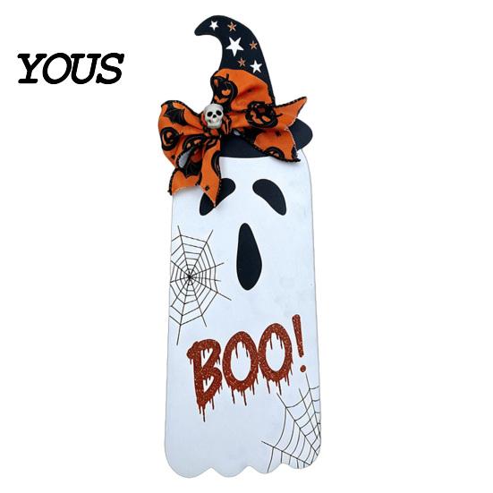 Halloween House Decor Door Sign for Front Door, Wooden Ghost Pumpkin Black Cat Party Supplies Hanger Wreath, Rustic Farmhouse Welcome Porch