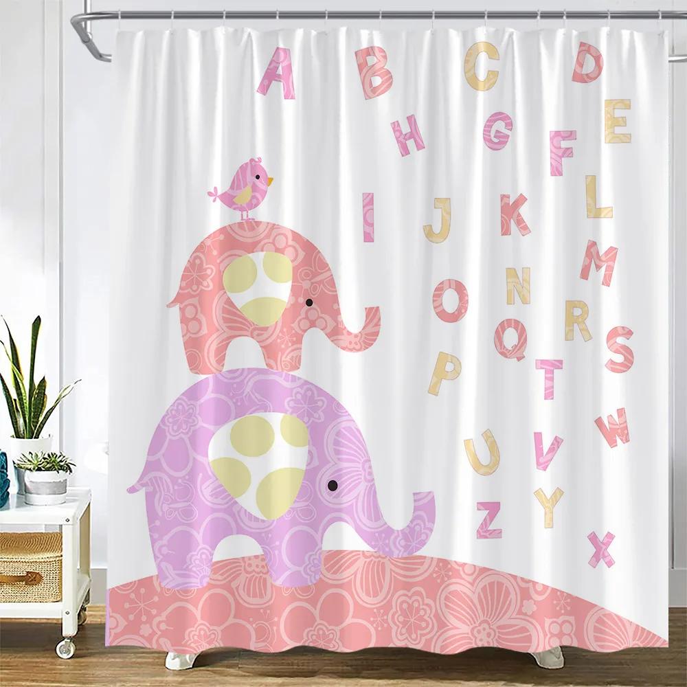 Cartoon Hand-Painted Animal Shower Curtain Cat Bird Rabbit Plant Flower Child Bathroom Decoration with Hook Bath Hanging Screen