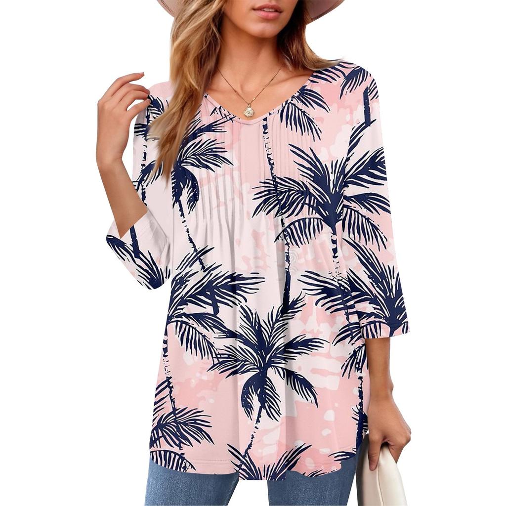 Damen Tops V-Ausschnitt Dreiviertelärmel Gestreift Plissee Casual Sommermode Shirt Tops