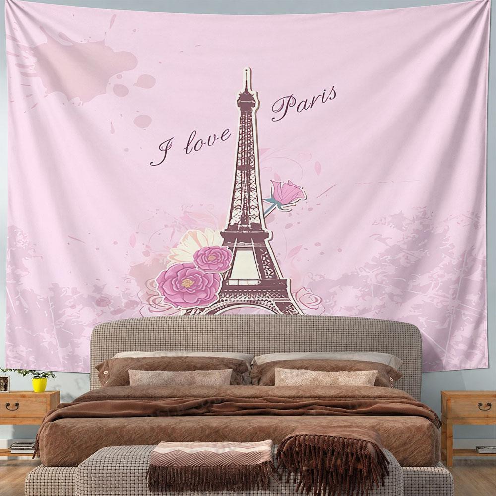 I Love Paris Eiffel Tower Tapestry Wall Hanging Romantic Pink Watercolor Decor for Bedroom Living Room Dorm Room Gift