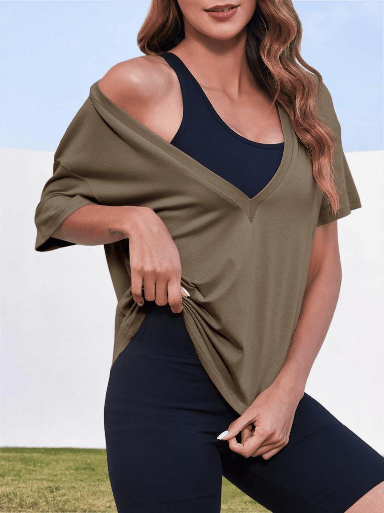 T-shirt estiva da donna con scollo a V profondo, manica corta, vestibilità larga, basic
