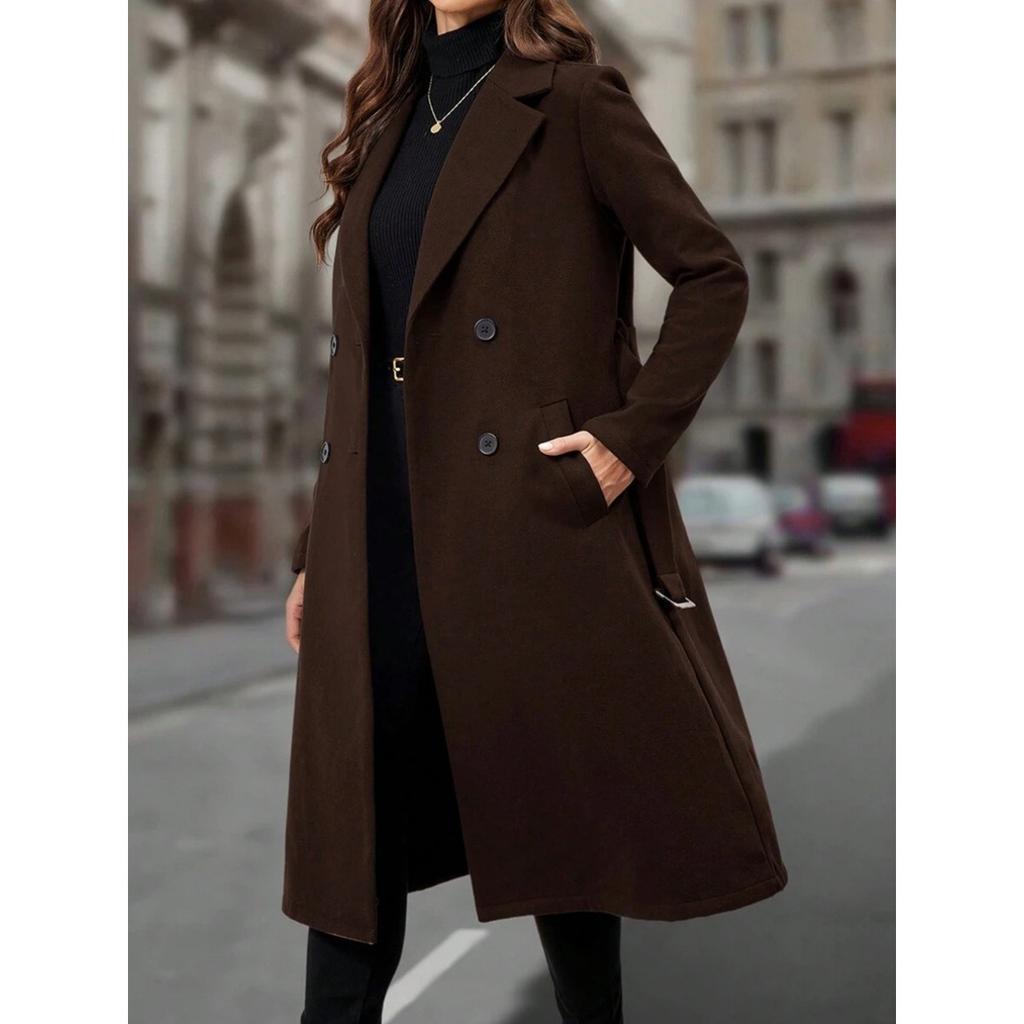 Gabardina Larga de Lana para Mujer Doble Botonadura Cinturón Ajustada Ropa de Abrigo Estilo Europeo y Americano