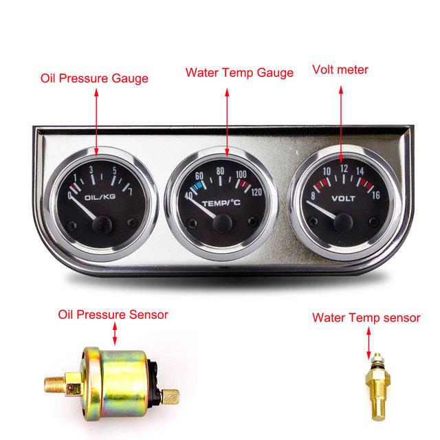 52MM 3 In 1 Oil Pressure Gauge + Volt Meter + Water Temp Gauge Kit Volt Meter with Sensor Oil Temperature Gauge Triple Meter