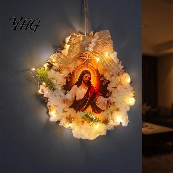 Religious Wall Hanging Pre-Lit Nativity Wreath, Battery Powered Lighted Wreath with Burlap Holiday Door Garland Bow And Star for Christmas Front Door,