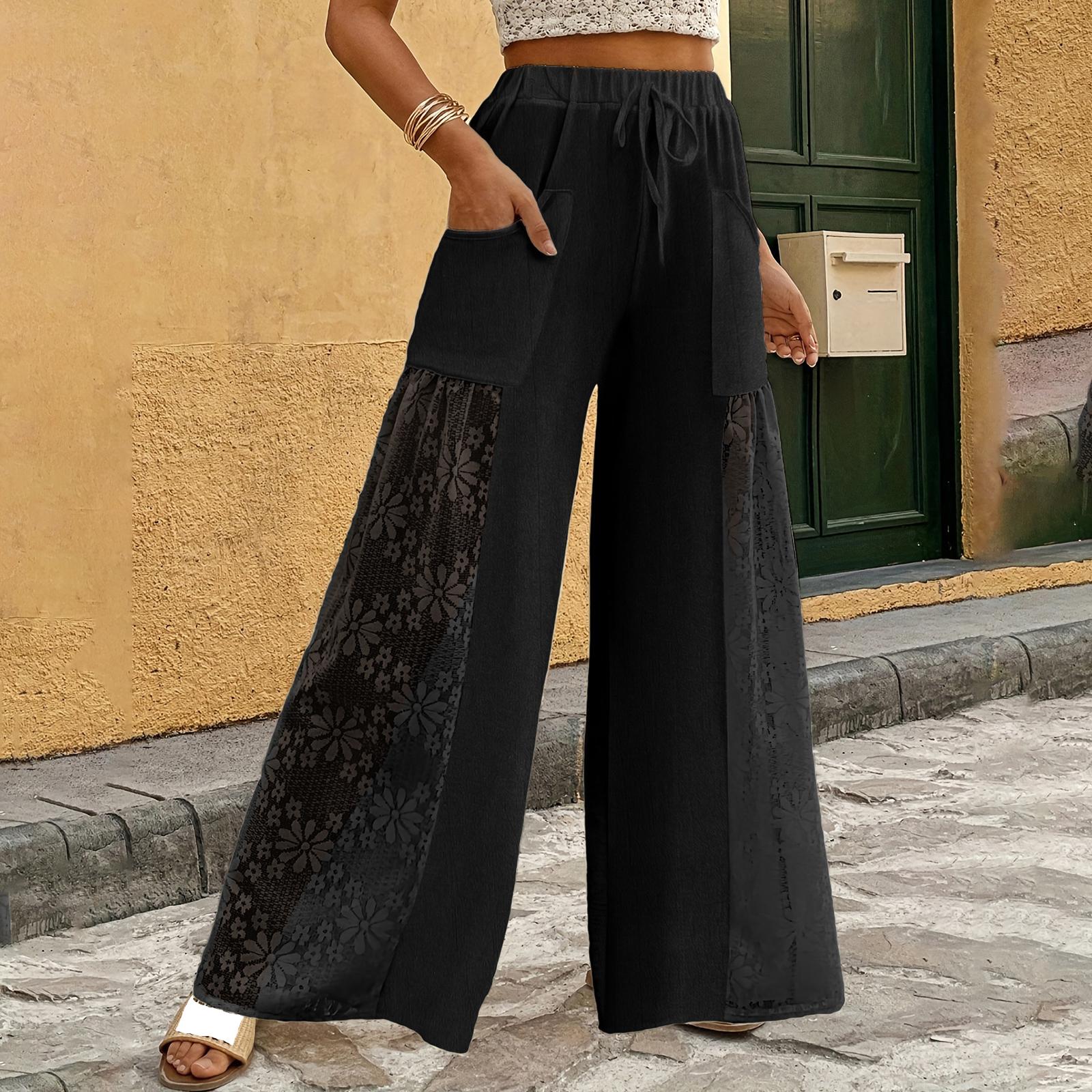 

Женские повседневные брюки с широкими штанинами и кружевной вставкой M чёрный