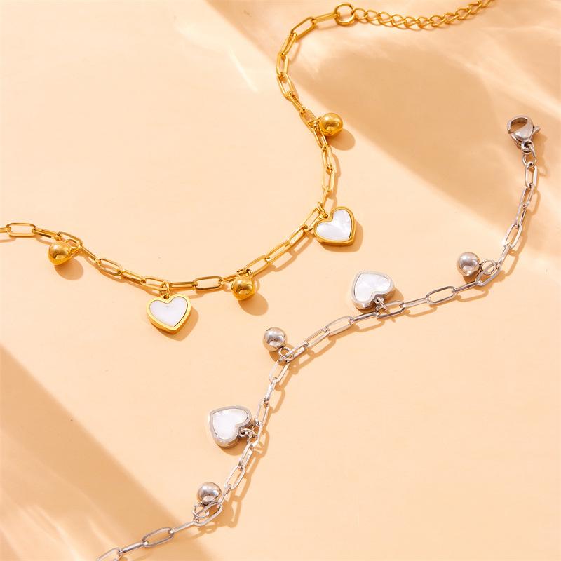 Gold Plated Paperclip Chain Bracelet with Mother of Pearl Heart Charms Fashion Jewelry for Women