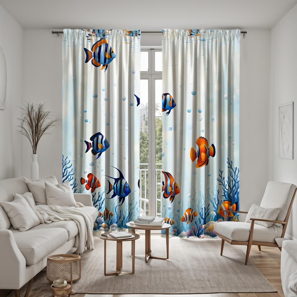 2 pieces of HD blue sea bottom goldfish coral decorative curtain white tie digital printed curtain Home decoration style decorat