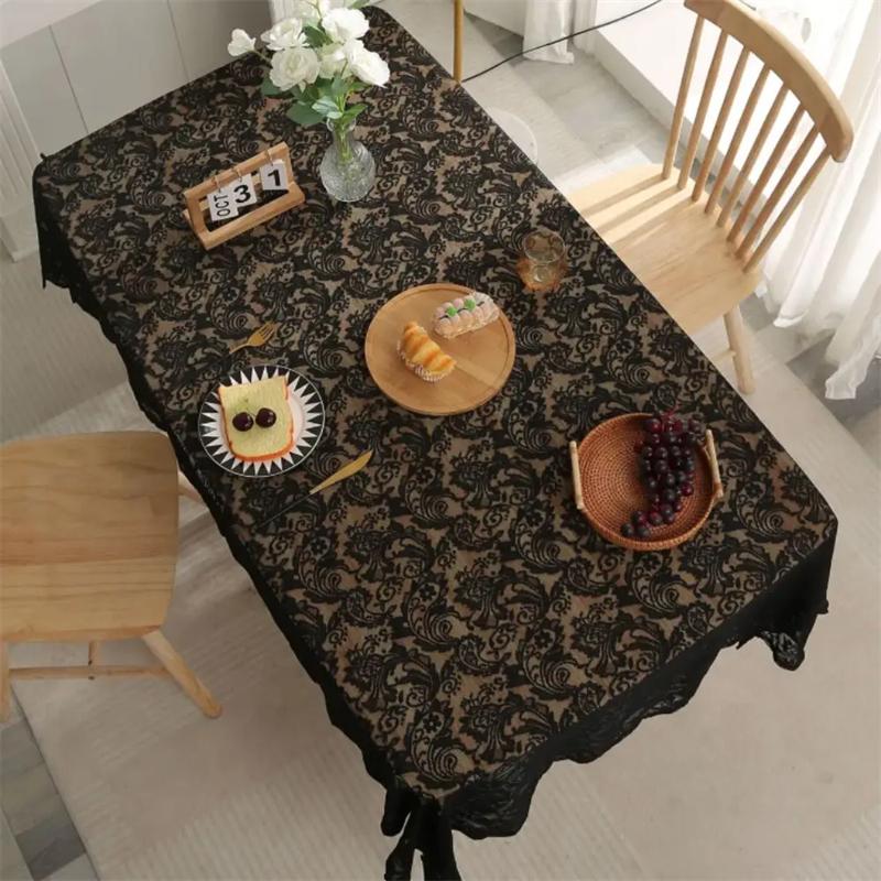 Retro Floral Lace Tablecloth, Semi-Transparent Elegant Dining Table Cover for Home Party Wedding French Tablecloth Decorative Table Linens