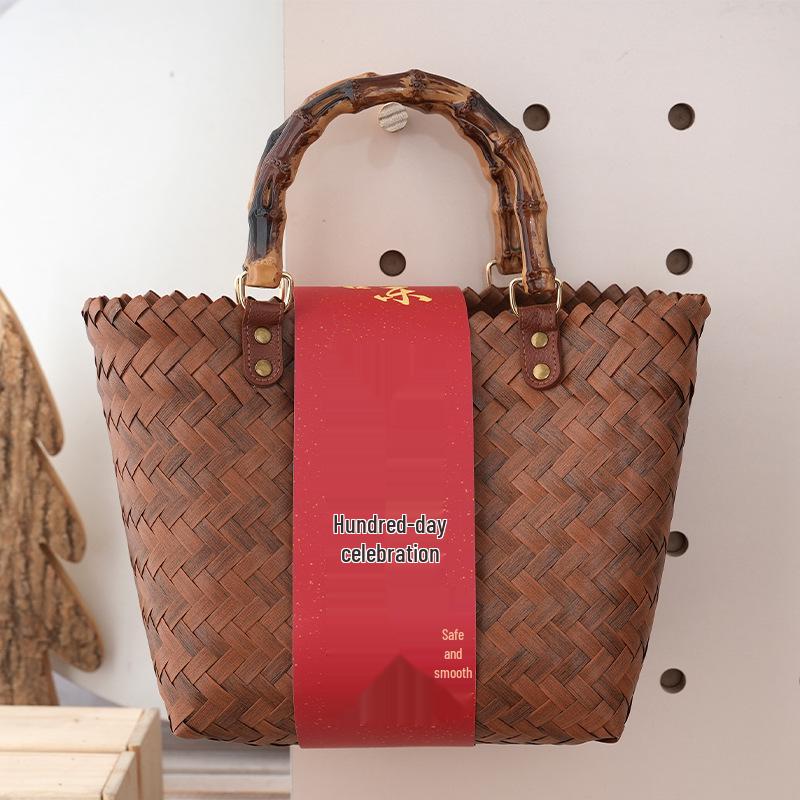Women's Bamboo Handle Woven Beach Tote Bag