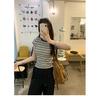 Contrasting striped babes front shoulder short-sleeved T-shirt women's summer design sense niche chic Korean slim-fit short top